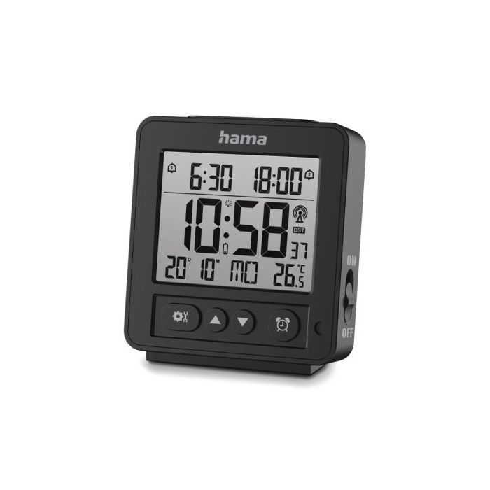 Hama Rhodes Radio Reloj Despertador - Pantalla Digital - Termometro - Funcion de Repeticion de Alarma - 2 Alarmas Configurables - Zona Horaria Ajustable - 9x2.5x10cm - Color Negro