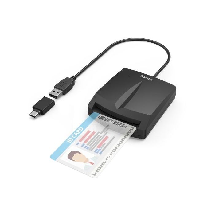 Hama Single Lector de Tarjeta Inteligente DNI - Indicador LED - Cable USB-A Integrado - Adaptador USB-C - Color Negro