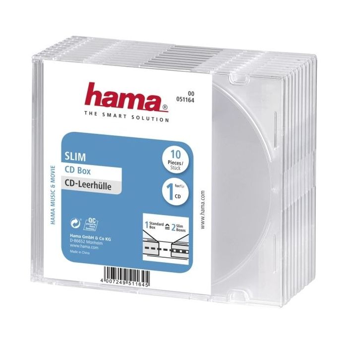 Hama Slim Pack de 10 Cajas Vacias para CD/DVD - Poliestireno - 12.5x14.2x0.52cm - Color Transparente