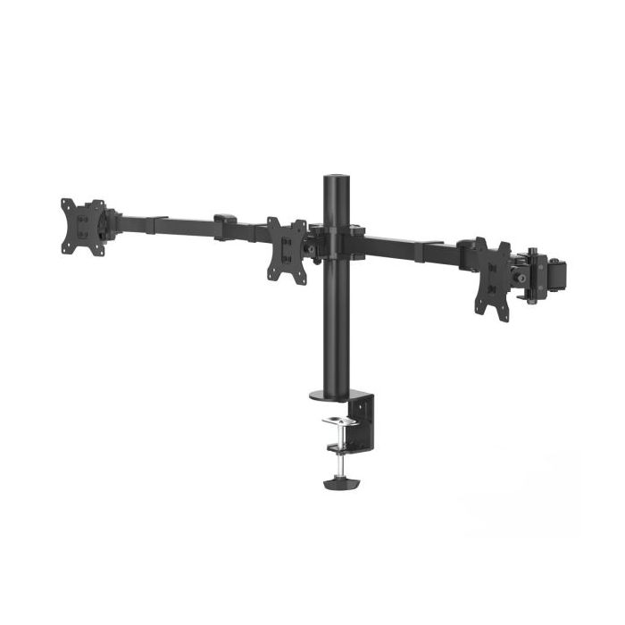 Hama Soporte de Mesa con Brazos Articulados para 3 Monitores de 13 a 27" - Capacidad 7kg - Inclinacion 25º - Altura Ajustable - Giro 180º - Acero - VESA 100x100 - 139.4x17.49x40.43cm - Color Negro