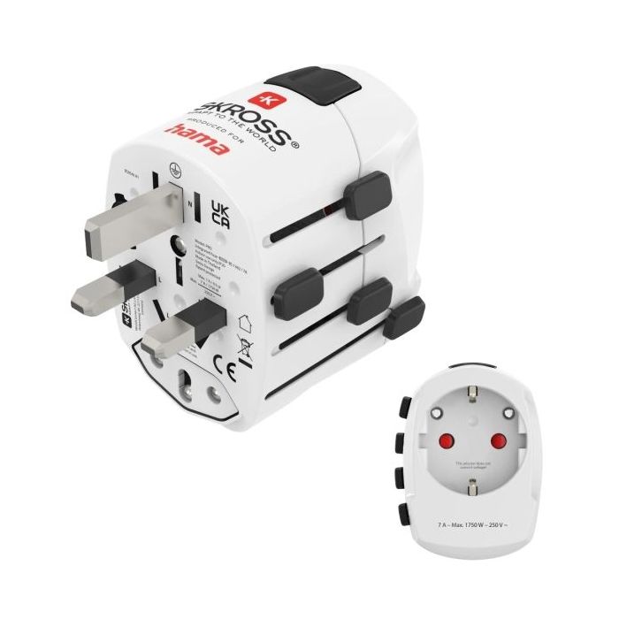 Hama World Travel Pro Adaptador de Viaje Universal - Potencia hasta 1750W - Voltaje 100-250V - Color Blanco