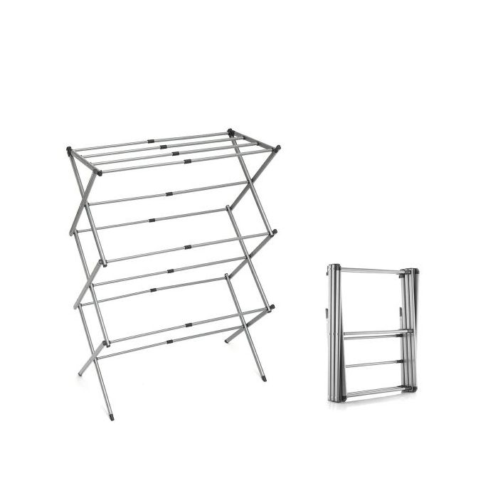 Innovagoods Cloxy Tendedero Metalico Extensible con 3 Alturas - 11 Barras - Soporta hasta 12kg - Plegable - Resistente al Agua - 43x10x38cm - Color Gris