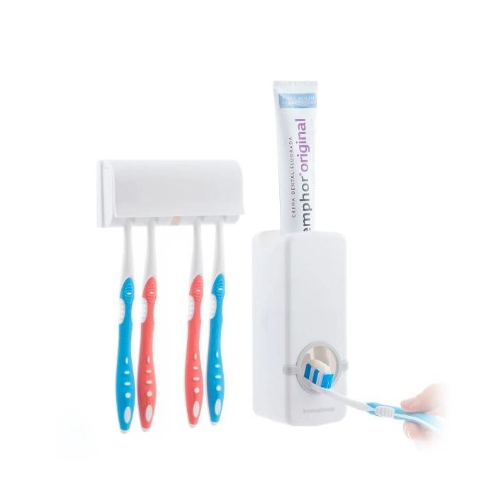 Innovagoods Diseeth Dispensador de Pasta Dental con Organizador para 5 Cepillos - Multifuncion - Facil Limpieza - Adhesivos de Calidad Incluidos - Color Blanco
