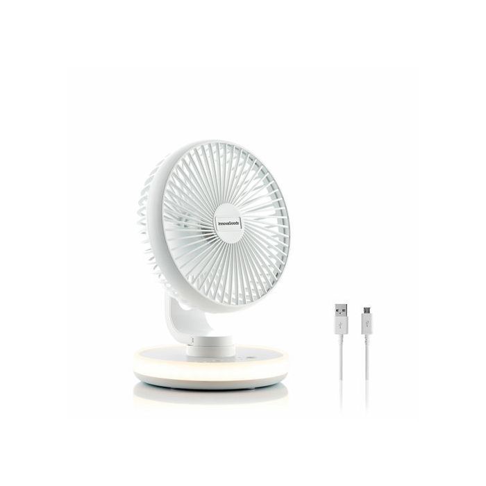 Innovagoods FanLed Ventilador de Escritorio Recargable - Autonomia hasta 11h - 40dB - 4 Velocidades - Bateria 4000mAh - Luz LED - Recargable - Antideslizante - 17x23x17cm - Color Blanco