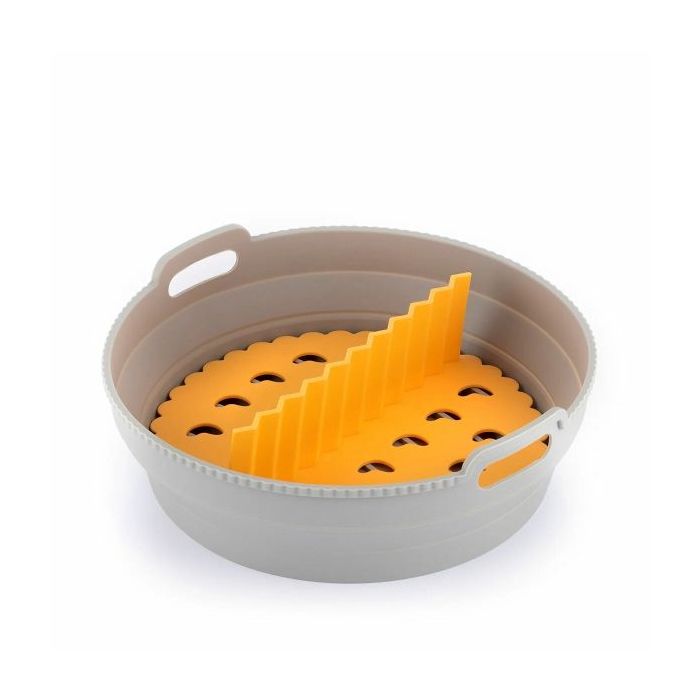 Innovagoods Fliynner Cesta de Silicona para Freidora de Aire - Antiadherente - Plegable - Apto Lavavajillas - Multifuncion - Libre de BPA - 21.5x7cm - Color Gris y Naranja