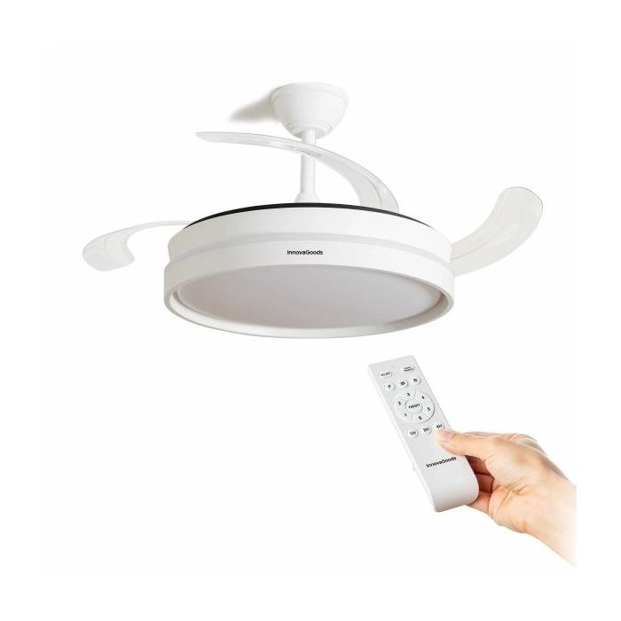 Innovagoods Keteez Ventilador de Techo con 4 Aspas Retractiles - 72W - 6 Velocidades - Luz LED - Incluye Accesorios de Montaje - Mando a Distancia - Temporizador - 49-104x42cm - Color Blanco