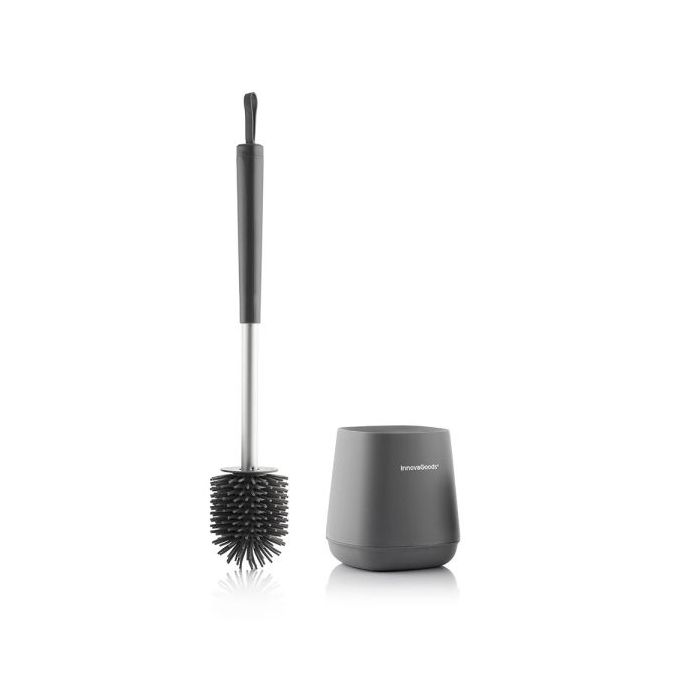 Innovagoods Kleanu Escobilla de Goma para Inodoro - Antideslizante - Sistema Antigoteo - Facil Limpieza - Antibacteriana - 12x43x12cm - Color Gris