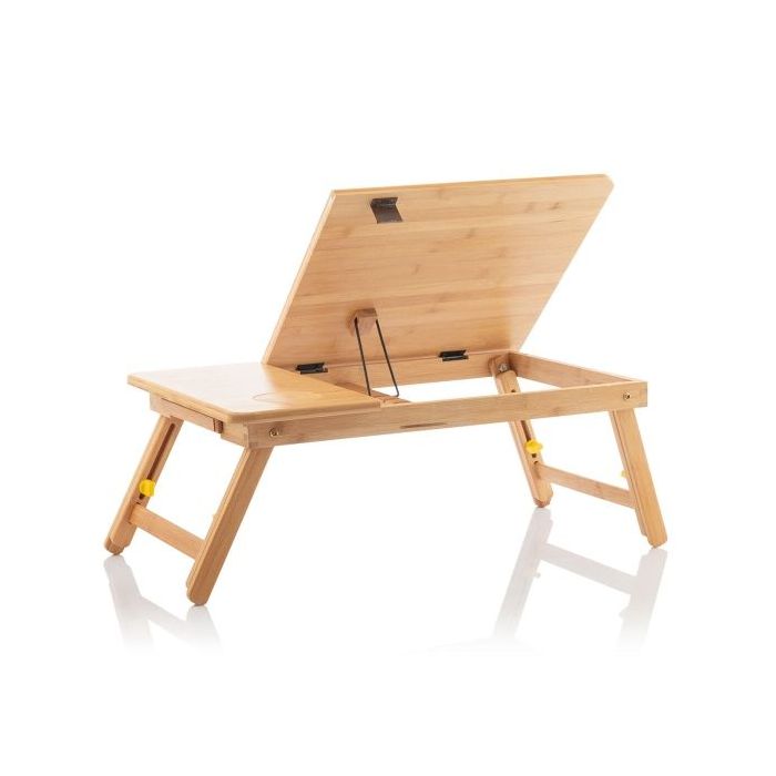 Innovagoods Lapwood Soporte para Portatil de Bambu - Plegable - Inclinacion Ajustable - Cajon - Posavasos - 53.5x21-27x34cm - Color Madera