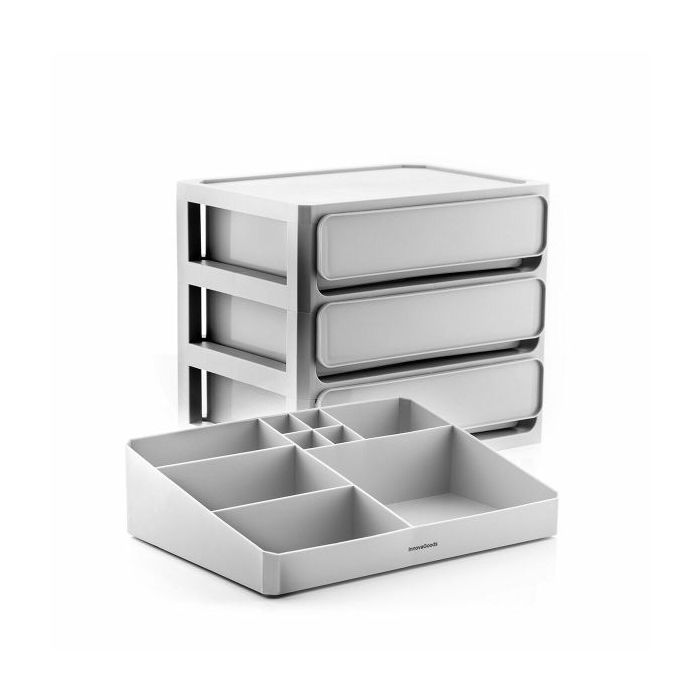 Innovagoods Makeser Organizador de Maquillaje - 3 Cajones - Bandeja Extraible con 9 Compartimentos - 26x29x19.5cm - Color Gris