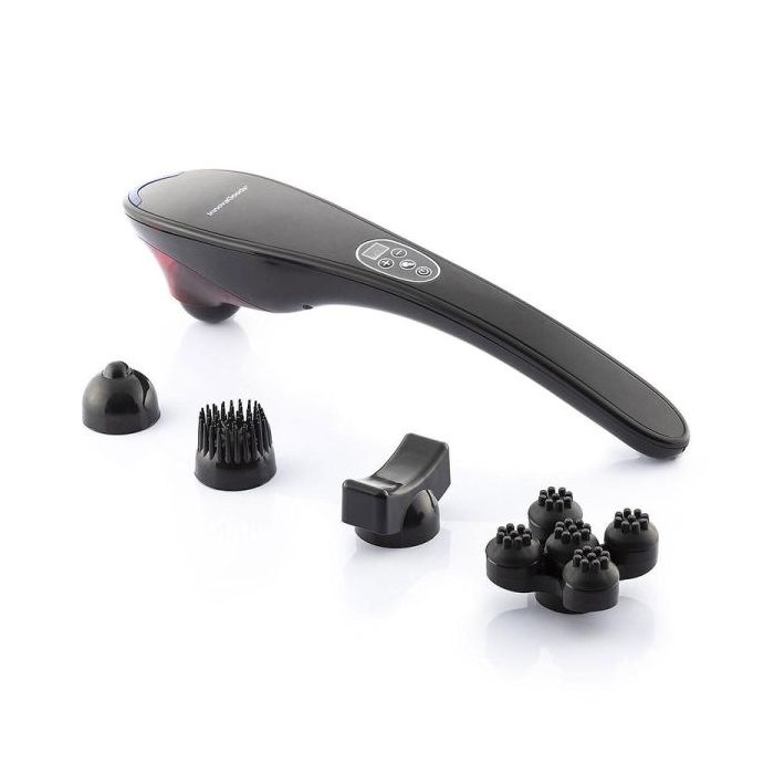 Innovagoods Masfin Masajeador de Mano Recargable - 16W - Bateria 1800mAh - Cable 95cm - Recargable - 5 Cabezales Intercambiables - Funcion Calor Infrarrojo - 11x45x8cm - Color Negro