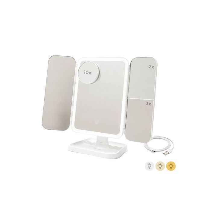 Innovagoods Miled Espejo de Maquillaje Triptico - Tactil - Bateria 2000mAh - Cable USB-C Incluido - Luz LED - Recargable - Plegable - Pies Antideslizantes - 21x32x13cm - Color Blanco