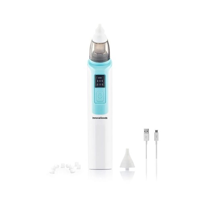 Innovagoods Nizi Aspirador Nasal para Bebes - Silencioso - 6 Velocidades - Bateria 500mAh - Ergonomico - Incluye Accesorios - Recargable - Facil Limpieza - 3.7x19.4x4.5cm - Color Blanco y Azul