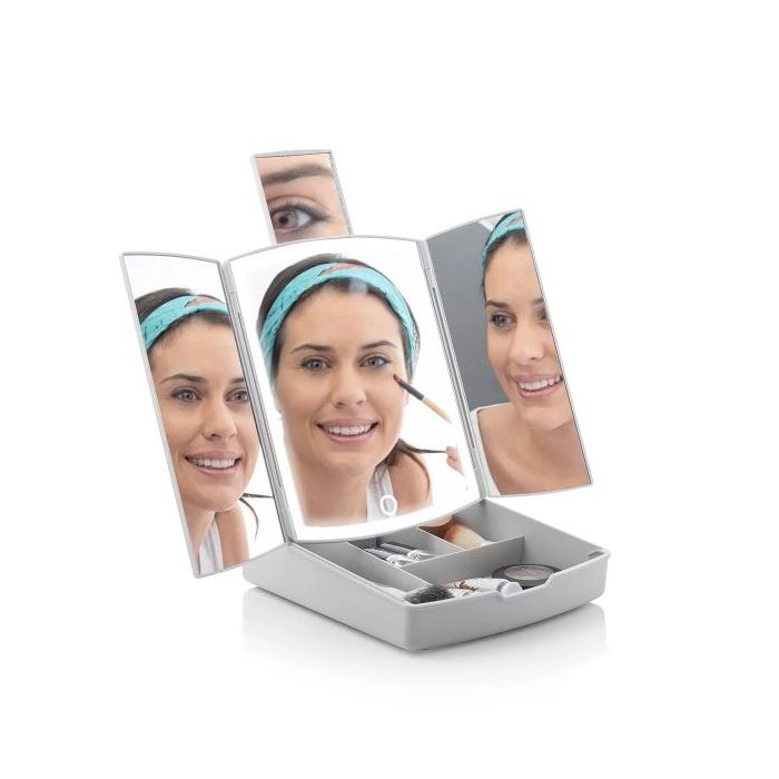 Innovagoods Panomir Espejo con Organizador de Maquillaje 3 en 1 - Inalambrico - Luz LED - 4 Compartimentos - Plegable - Pies Antideslizantes - 38.5x33.5x29cm - Color Gris