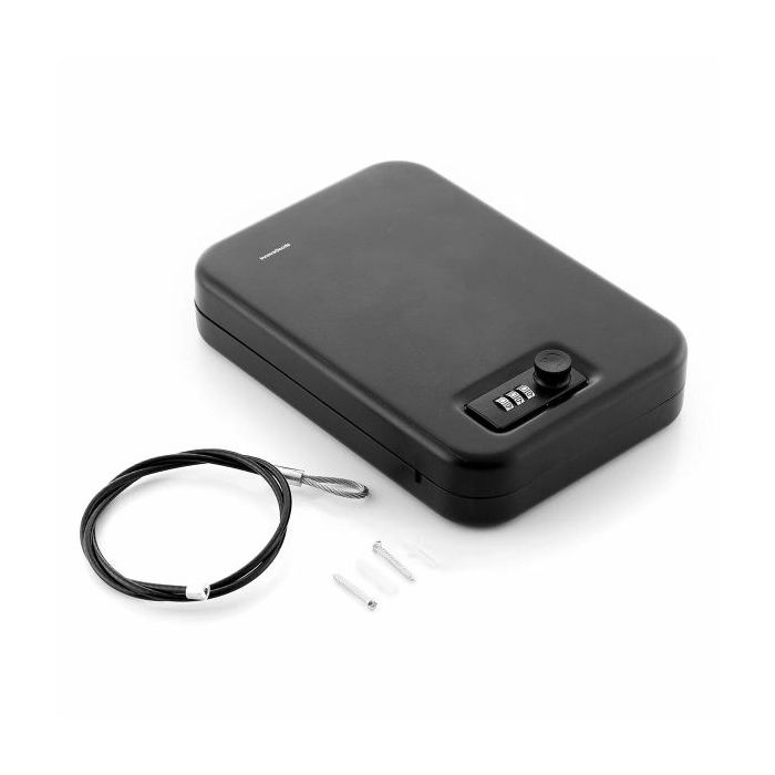 Innovagoods Prisaven Caja de Seguridad Portatil - Cable de Acero - Incluye Accesorios - Multifuncion - Cerradura de Combinacion - 24.5x5.5x16.5cm - Color Negro