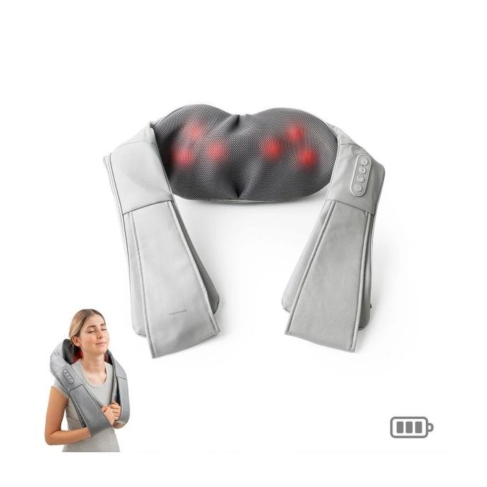 Innovagoods Pro Massatsu Masajeador Shiatsu - 24W - Funcion Calor - 3 Velocidades - Bateria 1800mAh - Recargable - Cabezales Rotativos - Apagado Automatico - 117x18x13cm - Color Gris