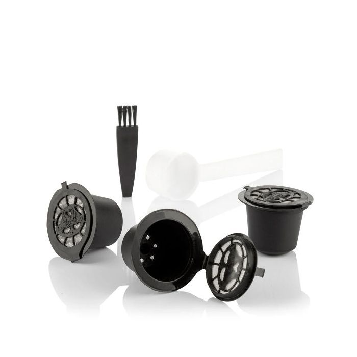 Innovagoods Recoff Pack de 3 Capsulas de Cafe Reutilizables - Acero Inoxidable - Facil Limpieza - Compatible con Cafeteras Nespresso - Sostenible y Ecologico - 3.9x3cm - Color Negro