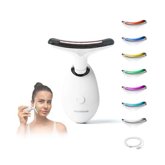 Innovagoods Selora Masajeador Facial Electrico Reafirmante para Cara y Cuello - Autonomia 60min - 500mAh - Termoterapia - Luz LED - Recargable - Autoapagado - Electroestimulacion - Color Blanco