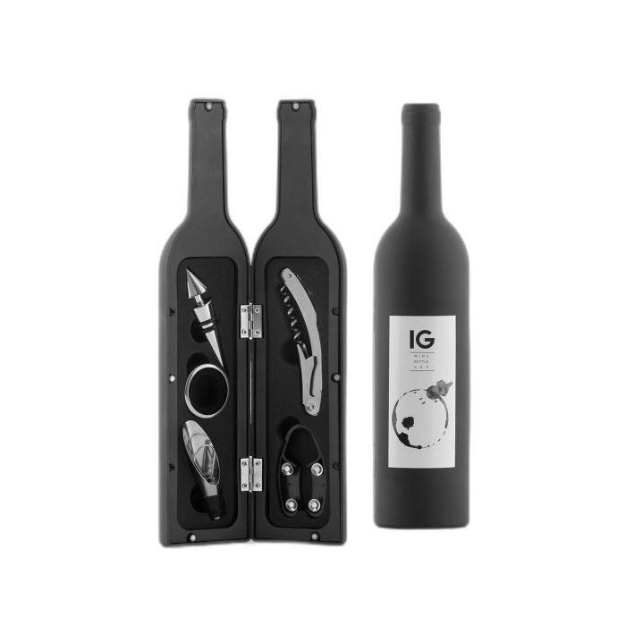 Innovagoods Set de 5 Accesorios para Vino - Estuche en Forma de Botella - Ideal para Regalar - Compacto y Practico - Cierre Imantado - Uso Decorativo - 7x33cm - Color Negro