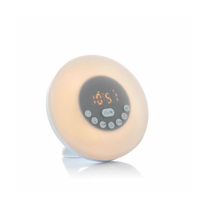 Innovagoods Sunrilk Despertador Inalambrico con Altavoz - Bluetooth - Radio Fm - Bateria 1200mAh - Cable 100cm - Pantalla LCD - Recargable - Temporizador - 16x9cm - Color Blanco