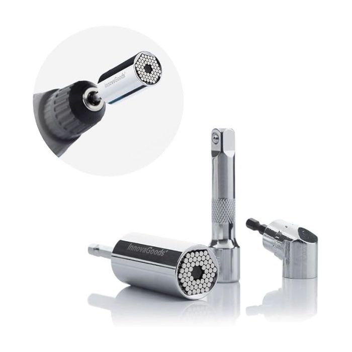 Innovagoods Uniscrew Llave de Vaso Universal - Incluye Accesorios - Multifuncion - Tornilleria Entre 7-19mm - 2.5x5cm - Color Plateado