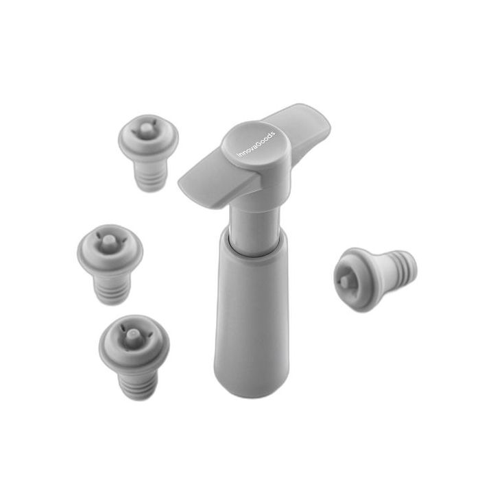 Innovagoods Winuum Bomba Manual de Vacio y Tapones para Vino - Incluye 4 Tapones Reutilizables - Evita Oxidacion Del Vino - Compacto y Ligero - No Apto para Espumosos - Color Gris