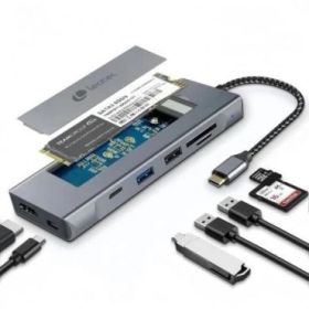Leotec LEDS07 Docking Station USB C 8 en 1 con Ranura SSD M.2 - HDMI 4K - Power Delivery 100W - USB 3.2 y USB C 10Gbps - Lector SD y MicroSD - Compatible SSD NVMe y SATA - Cuerpo de Aluminio
