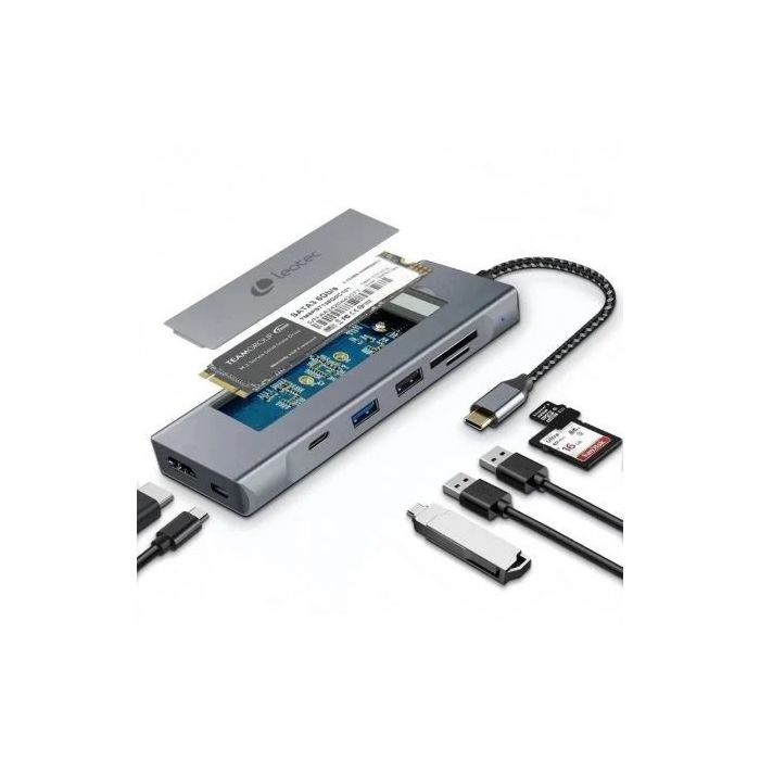 Leotec LEDS07 Docking Station USB C 8 en 1 con Ranura SSD M.2 - HDMI 4K - Power Delivery 100W - USB 3.2 y USB C 10Gbps - Lector SD y MicroSD - Compatible SSD NVMe y SATA - Cuerpo de Aluminio