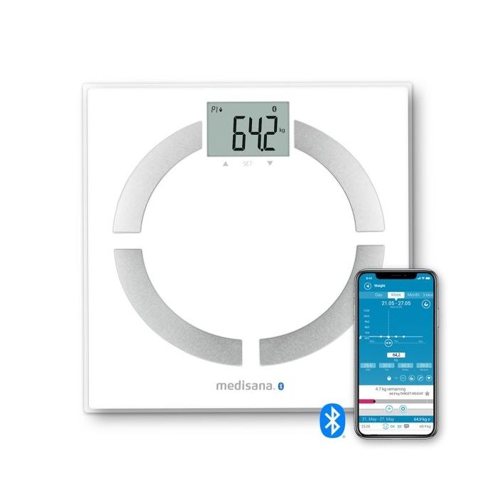 Medisana BS444 Bascula de Analisis Corporal con Bluetooth - Medicion de Peso, IMC, BMR y Composicion Corporal - Sensores de Alta Precision - Pantalla LCD Facil de Leer - Memoria para 8 Usuarios - Sincronizacion con App