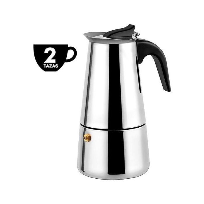 Muvip Cafetera Italiana de Acero Inoxidable - Capacidad para 2 Tazas - Compatible con Diferentes Tipos de Cocinas - Asa Ergonomica para un Manejo Seguro