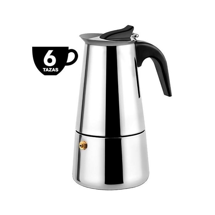 Muvip Cafetera Italiana de Acero Inoxidable - Capacidad para 6 Tazas - Compatible con Diferentes Tipos de Cocinas - Asa Ergonomica para un Manejo Seguro