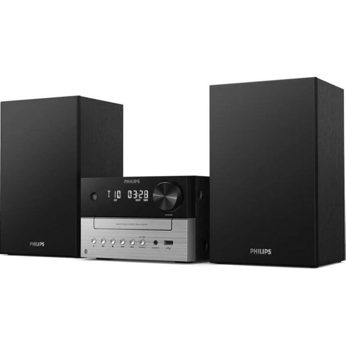 Philips Microcadena CD 20W - Bluetooth 5.4 - USB - Jack 3.5mm - Radio FM - Pantalla LED - Mando a Distancia - Alcance 30m - 2 Altavoces de 3" - Sistema Bass Reflex - Color Negro