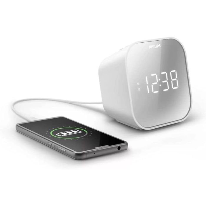 Philips Radio Reloj Despertador FM con Cargador USB - Pantalla LED con Acabado Espejo - Temporizador - Funcion de Repeticion - 11x11x7.5cm - Color Blanco