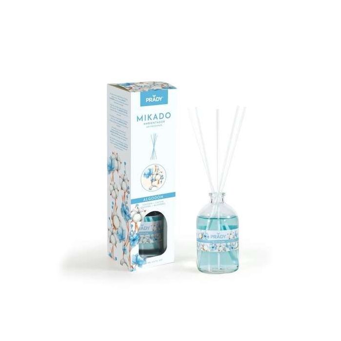 Prady Ambientador Mikado Algodon - Frasco de Cristal 100 ml y Varitas Difusoras