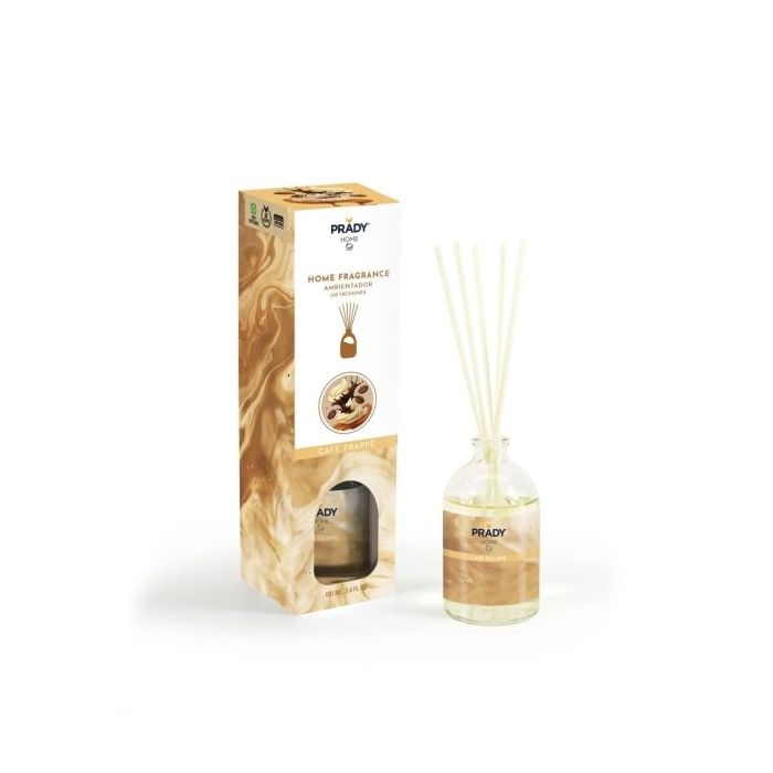 Prady Ambientador Mikado Cafe Frappe - Frasco de Cristal 100 ml y Varitas Difusoras