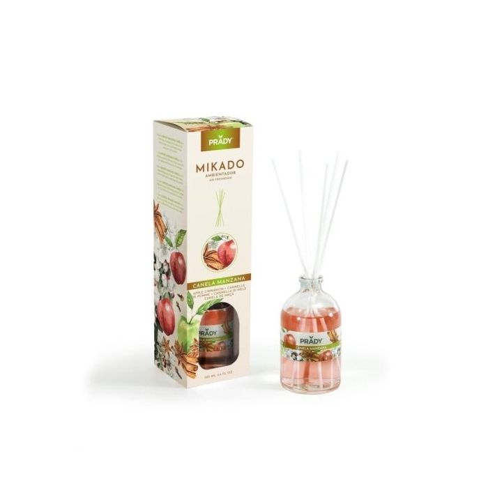 Prady Ambientador Mikado Canela Manzana - Frasco de Cristal 100 ml y Varitas Difusoras