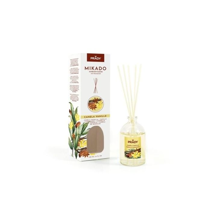 Prady Ambientador Mikado Canela Vanille - Frasco de Cristal 100 ml y Varitas Difusoras