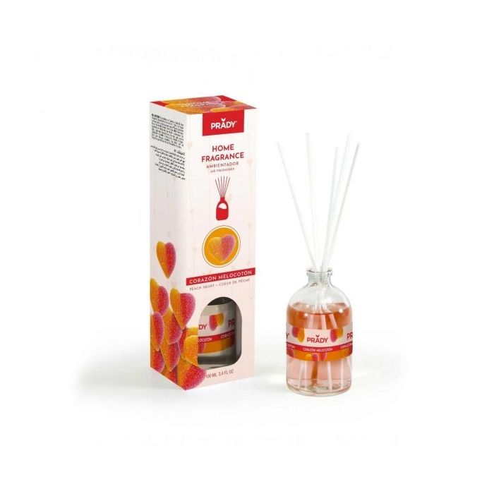 Prady Ambientador Mikado Corazon de Melocoton - Frasco de Cristal 100 ml y Varitas Difusoras