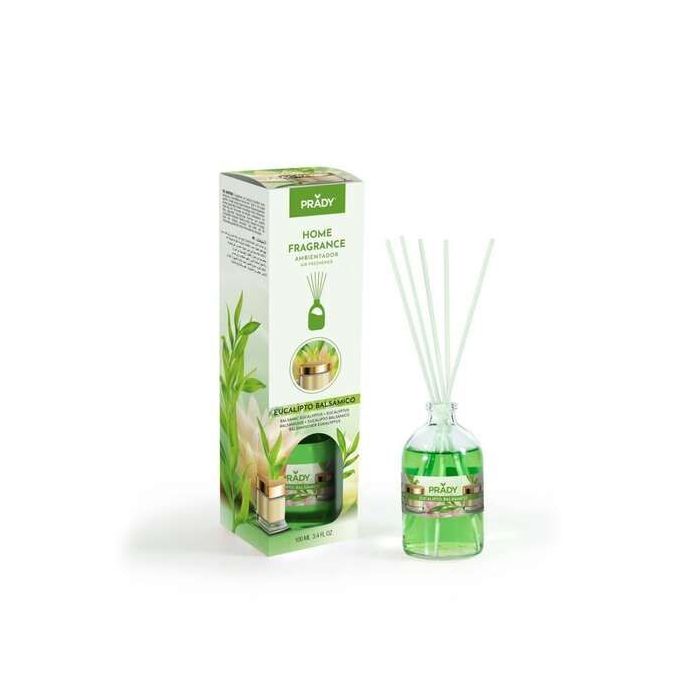 Prady Ambientador Mikado Eucalipto Balsamico - Frasco de Cristal 100ml y Varitas Difusoras