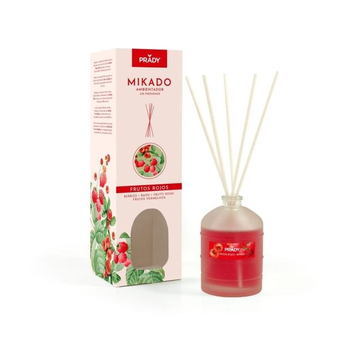 Prady Ambientador Mikado Frutos Rojos - Frasco de Cristal 100 ml y Varitas Difusoras