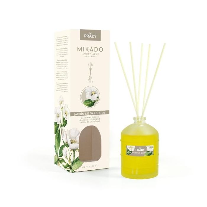 Prady Ambientador Mikado Jardin de Gardenias - Frasco de Cristal 100 ml y Varitas Difusoras