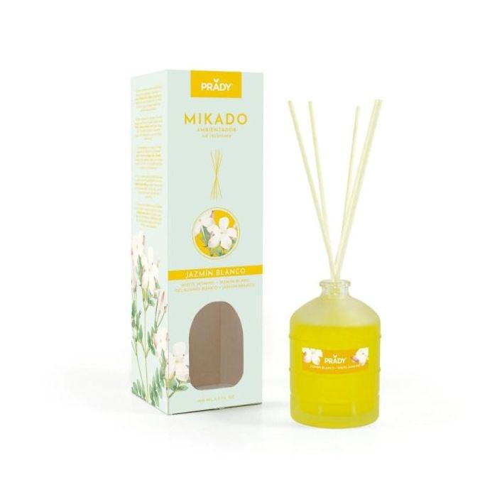 Prady Ambientador Mikado Jazmin Blanco - Frasco de Cristal 100 ml y Varitas Difusoras