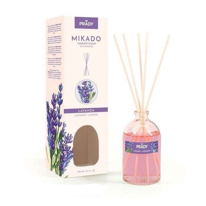 Prady Ambientador Mikado Lavanda - Frasco de Cristal 100ml y Varitas Difusoras