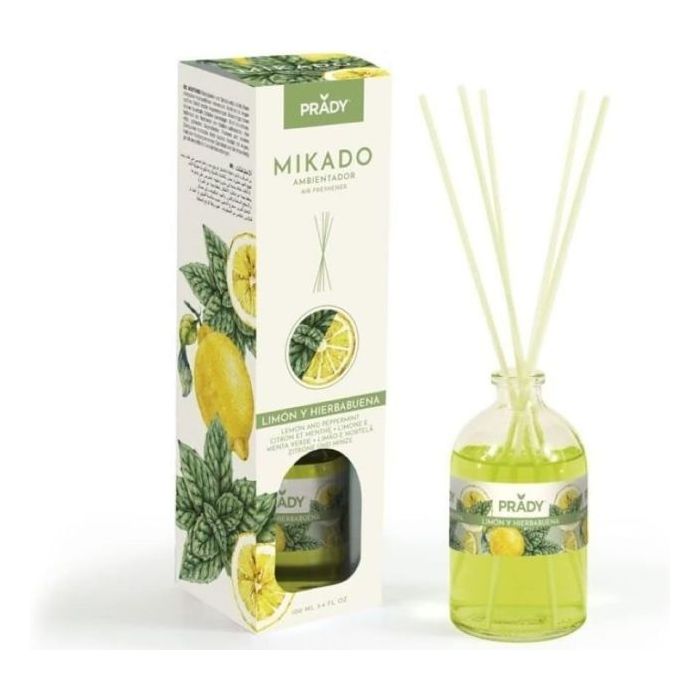 Prady Ambientador Mikado Limon y Hierbabuena - Frasco de Cristal 100 ml y Varitas Difusoras