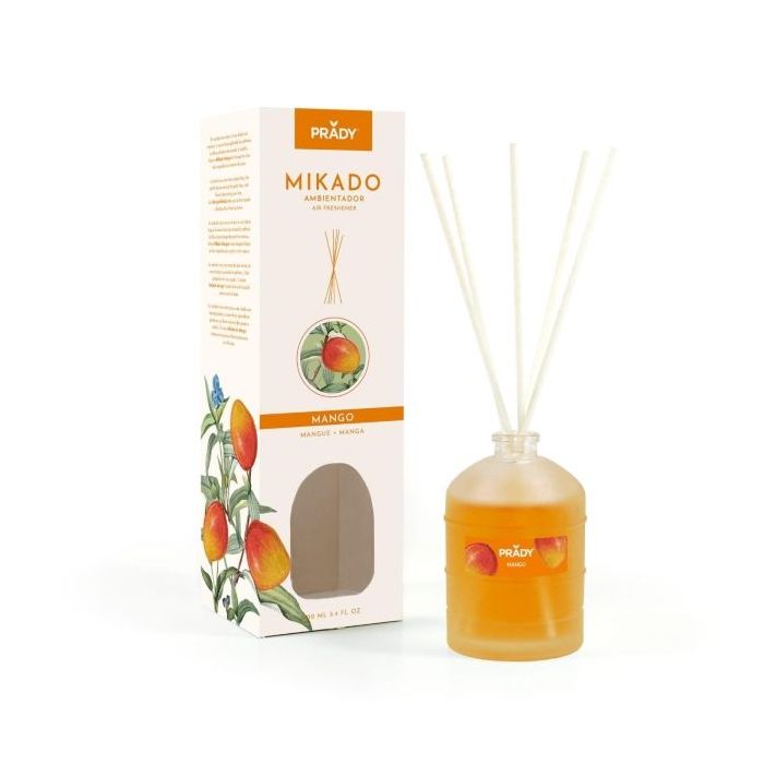 Prady Ambientador Mikado Mango - Frasco de Cristal 100 ml y Varitas Difusoras