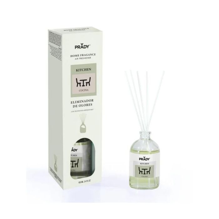 Prady Ambientador Mikado Neutralizador de Olores Para Cocina - Frasco de Cristal 100 ml y Varitas Difusoras