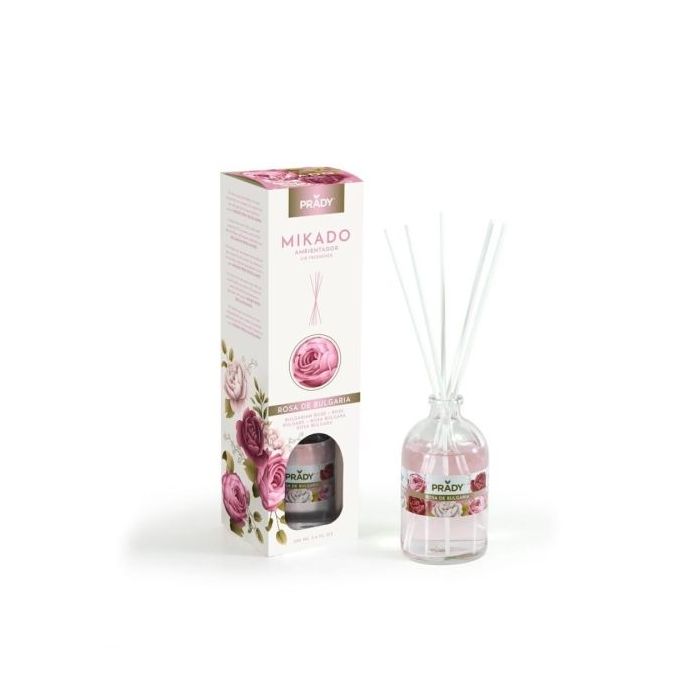 Prady Ambientador Mikado Rosa de Bulgaria - Frasco de Cristal 100 ml y Varitas Difusoras