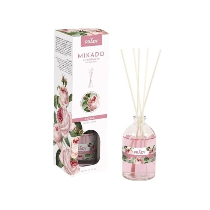 Prady Ambientador Mikado Rosas - Frasco de Cristal 100 ml y Varitas Difusoras