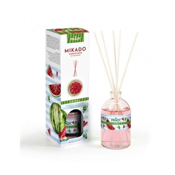 Prady Ambientador Mikado Sandia - Frasco de Cristal 100 ml y Varitas Difusoras
