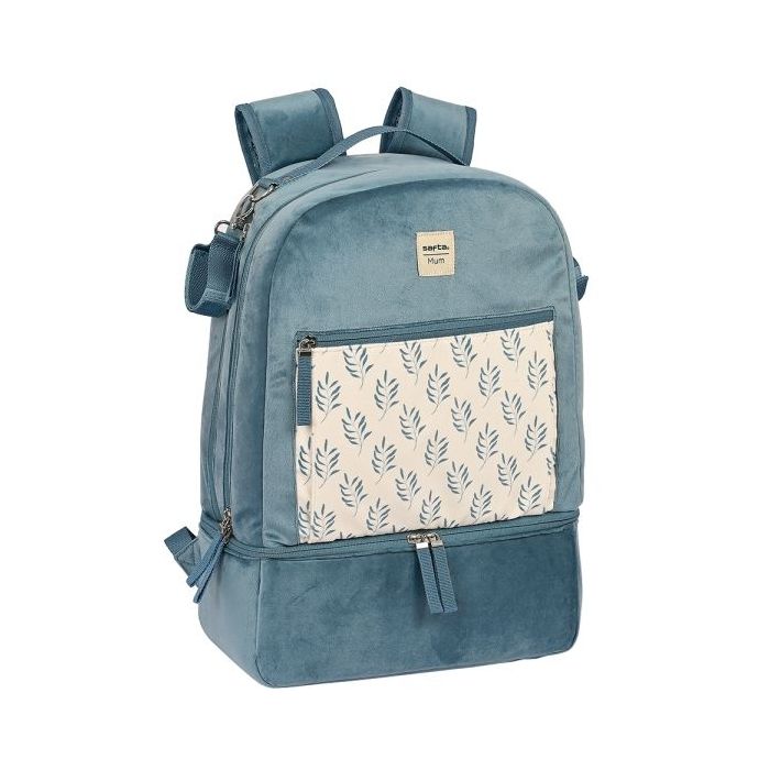Safta Leaves Mochila para Carrito Bebe de 19.4L - Cremallera Doble - Bolsillo Frontal - Bolsillo Termo - Bolsillo Lateral para Biberones - 300x150x430mm - Color Azul
