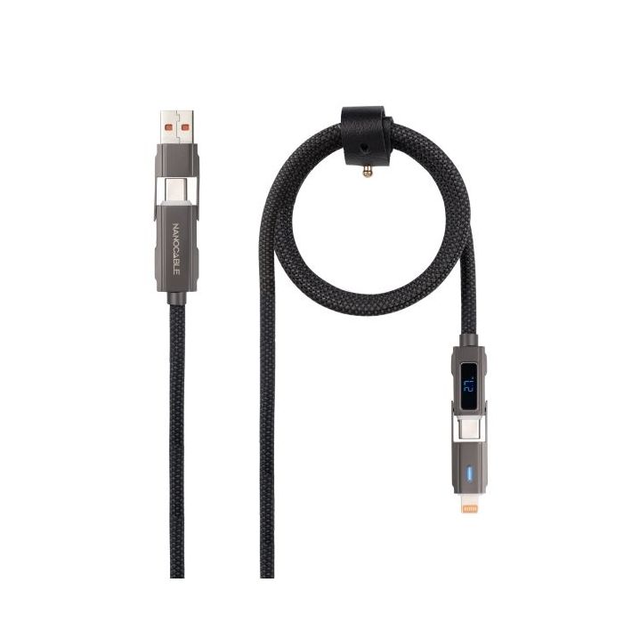Nanocable Cable USB-C 4 en 1 - Soporta hasta 27W - Longitud 1m - Adaptador USB-A y Lightning Integrado - Pantalla Digital - Algodon Trenzado - Color Negro